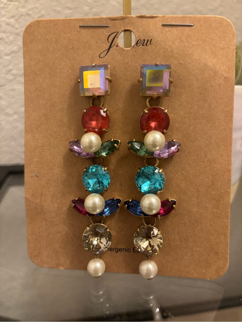 J. Crew Multicolor Crystal Drop Earrings with Pearl Accents